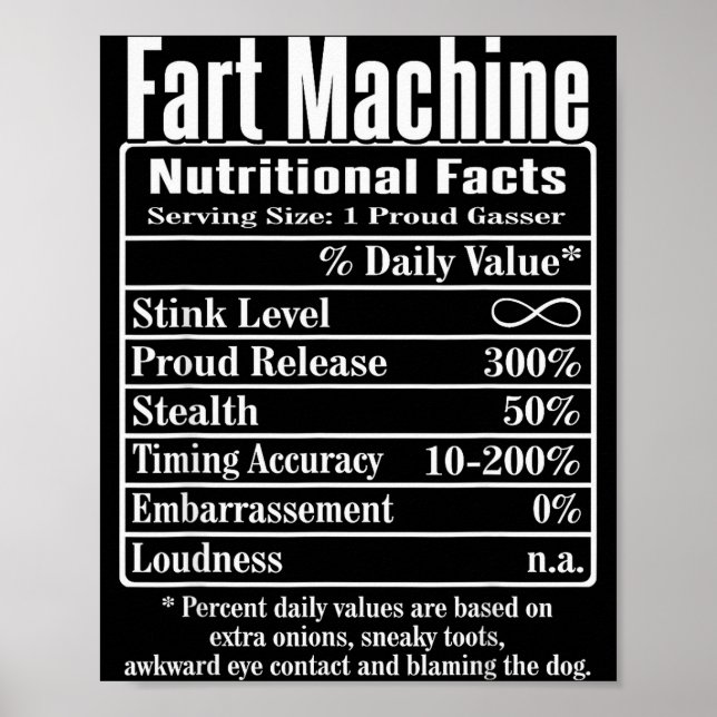 Nutrion Facts Fart Machine Dad Jokes Funny Farting Poster (Front)