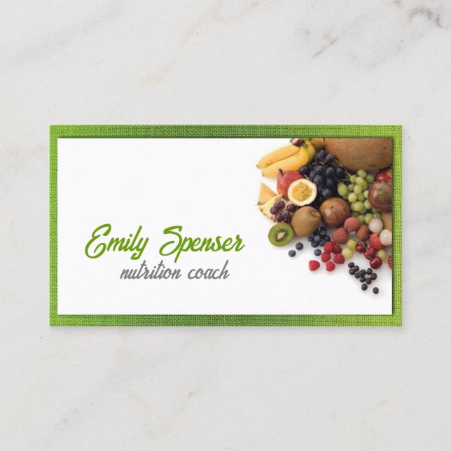 Nutrition Coach Healthy Life Yellow Green Linen Business Card (Front)