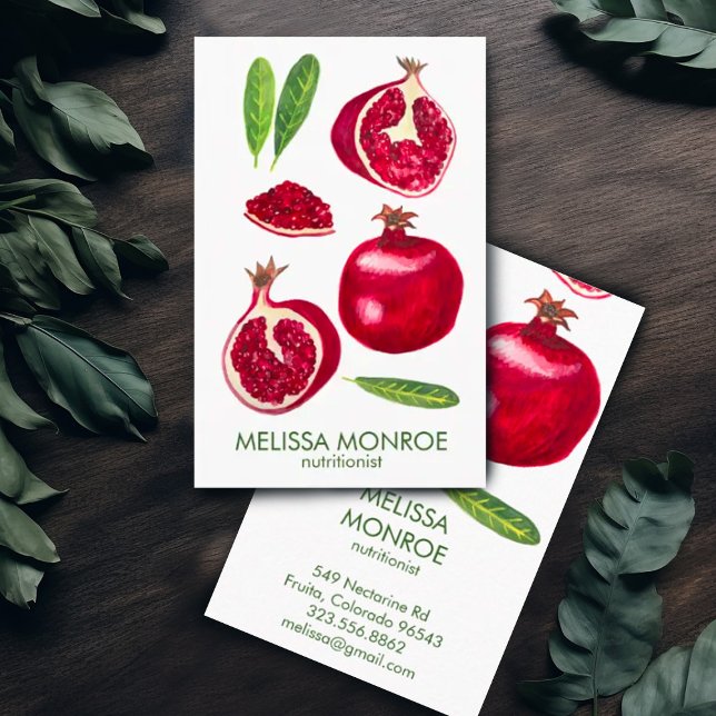 Nutritionist Chef Coach Pomegranates Autumn Fruit Business Card (Hand painted watercolor pomegranates decorate this custom business card. Add your own text.)