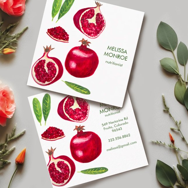 Nutritionist Chef Coach Pomegranates Autumn Fruit Square Business Card (Watercolor pomegranates with leaves decorate these custom square business cards. Add your own text.)