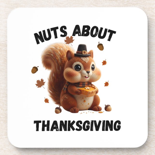 Nuts About Pie – Cute Yarn Squirrel Thanksgiving  Coaster (Front)