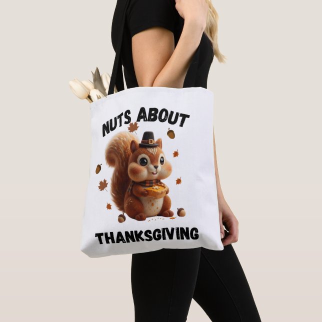 Nuts About Pie – Cute Yarn Squirrel Thanksgiving  Tote Bag (Close Up)
