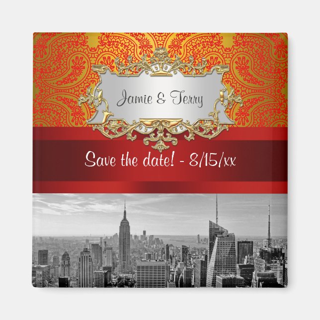 NY City Skyline BW 112 Red Gold Paisley Save  Date Magnet (Front)