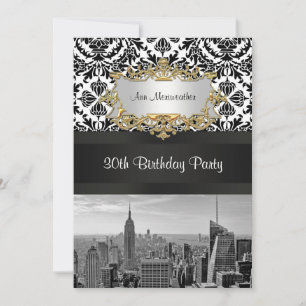 NY City Skyline BW 431 Damask Birthday Party V Invitation