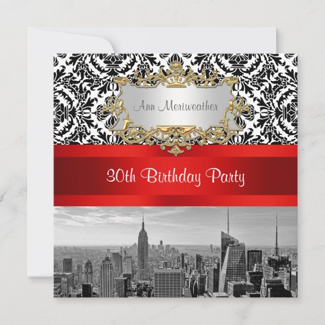 NY City Skyline BW 432 Damask Birthday Party Invitation (Front)