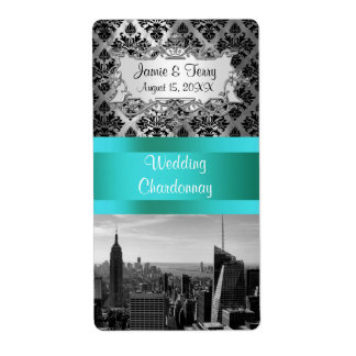 NY City Skyline BW B3 Damask F2 - Wine Label