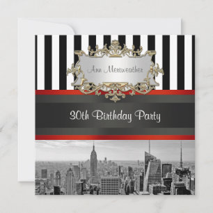 NY City Skyline BW Black White Stripe Birthday Invitation