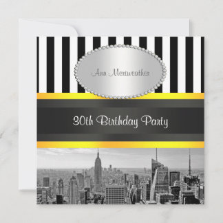 NY City Skyline BW Blk Wht Strp Yellow Birthday Invitation