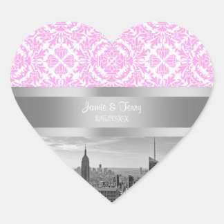 NY City Skyline BW D4P Pink White Damask Heart Sticker