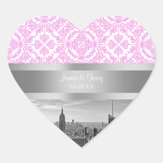 NY City Skyline BW D4P Pink White Damask Heart Sticker (Front)