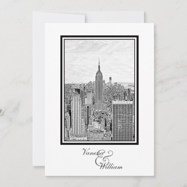 NY City Skyline ESB BW Etched Wedding Invitation (Front)