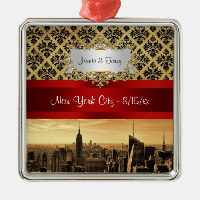 NY City Skyline Sepia B4 Damask Ornament (Front)