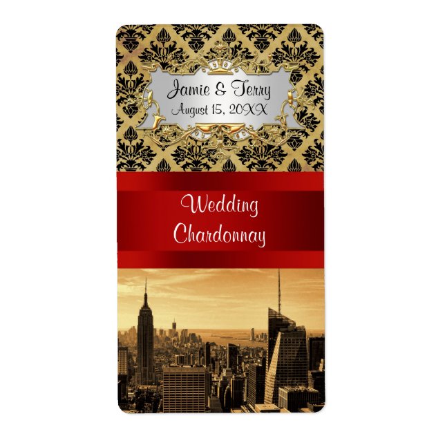 NY City Skyline Sepia B4 Damask Party Wine Label (Front)