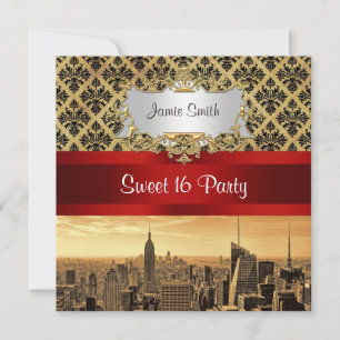 NY City Skyline Sepia B4 Damask Sweet 16 Invite