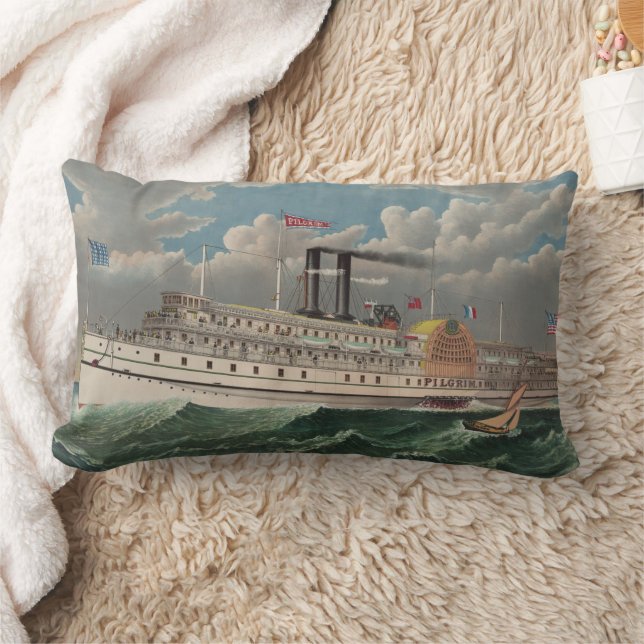 NY Voyage Grand Paddlewheel Steamboat The Pilgrim  Lumbar Cushion (Blanket)