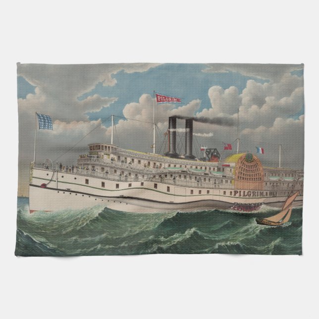 NY Voyage Grand Paddlewheel Steamboat The Pilgrim  Tea Towel (Horizontal)