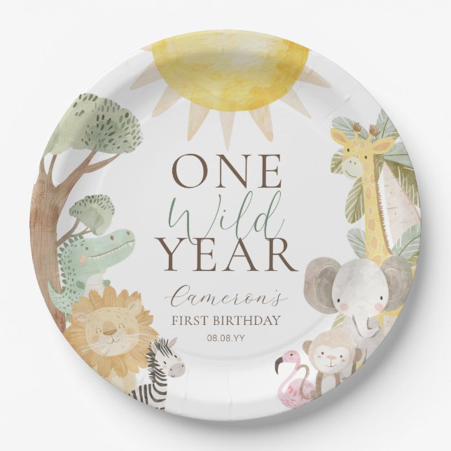 Nyala Safari Animals One Wild Year First Birthday Paper Plate (Front)
