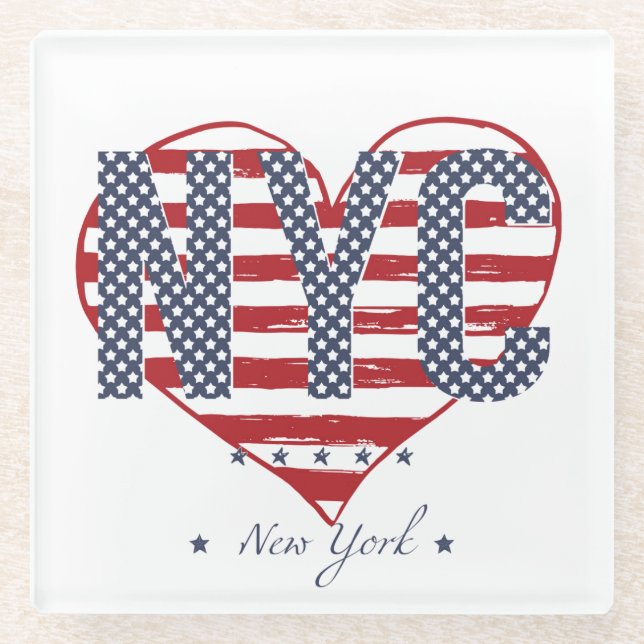 NYC American Flag Heart Glass Coaster (Front)