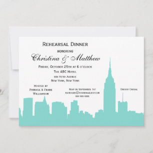 NYC Aqua Skyline Silhouette Rehearsal Dinner Invitation