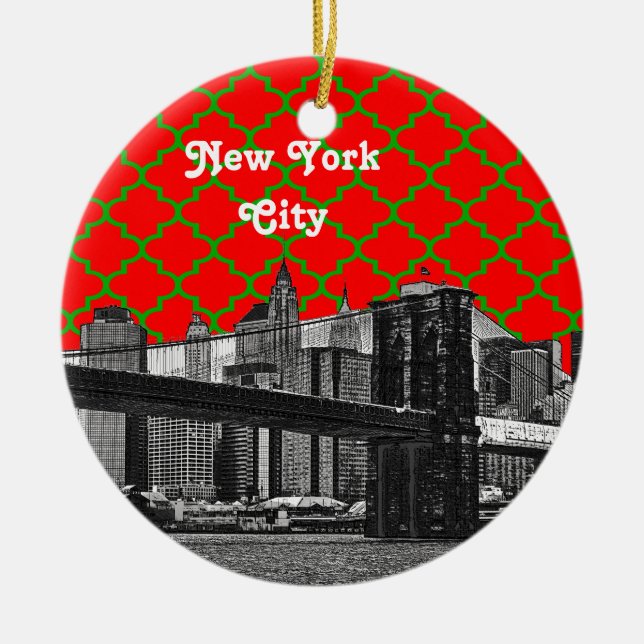 NYC Brooklyn Bridge Red Grn Quatrefoil Xmas Ceramic Tree Decoration (Front)