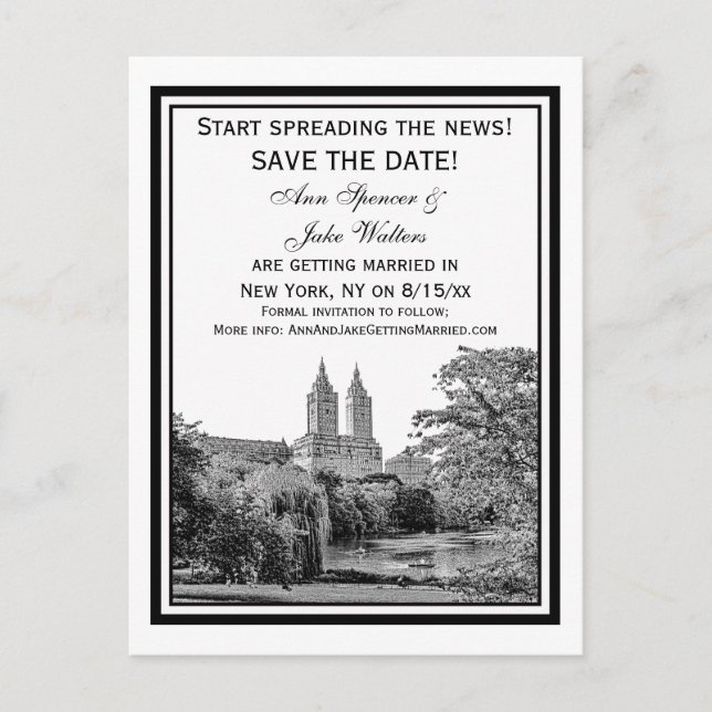 NYC Centrl Pk Lake San Remo Etchd SQ Save the Date Announcement Postcard (Front)
