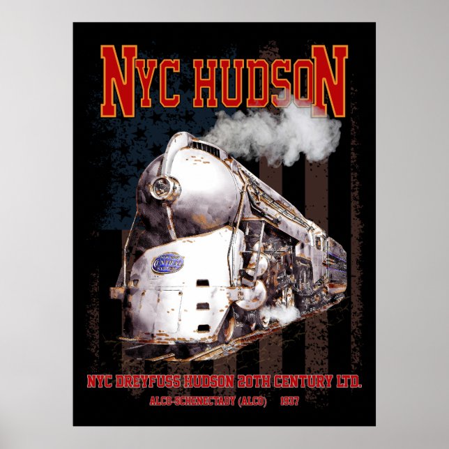 NYC Dreyfuss Hudson Locomotive. American flag Poster (Front)