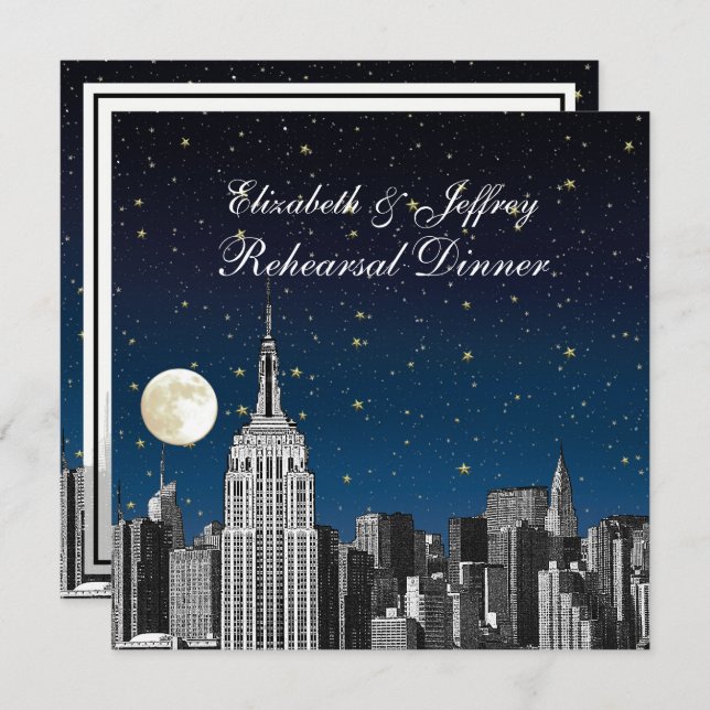 NYC ESB Skyline Blue Star Moon Rehearsal Dinner Invitation (Front/Back)