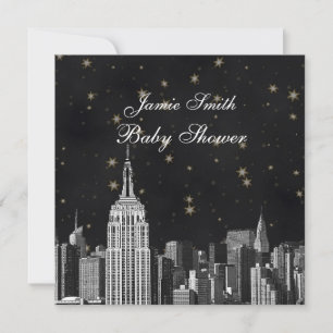 NYC ESB Skyline Etched Black Starry Baby Shower Invitation