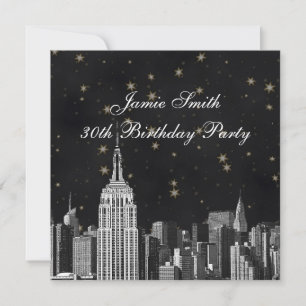 NYC ESB Skyline Etched Black Starry Birthday Pty Invitation