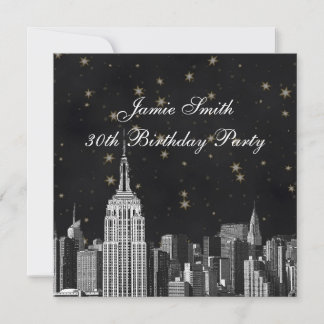 NYC ESB Skyline Etched Black Starry Birthday Pty Invitation