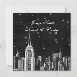 NYC ESB Skyline Etched Black Starry Sweet 16 Invitation