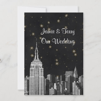 NYC ESB Skyline Etched Black Starry Wedding Invitation