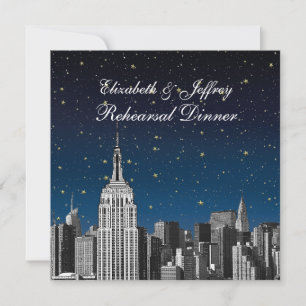 NYC ESB Skyline Etched Blue Star Rehearsal Dinner Invitation