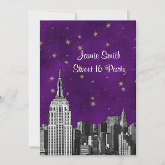 NYC ESB Skyline Etched Purple Starry Sweet 16 V Invitation