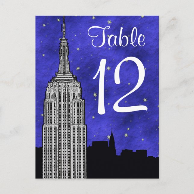 NYC ESB Skyline Silhouette Blu Starry Table Number Postcard (Front)