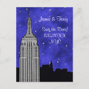 NYC ESB Skyline Silhouette Blue Starry Save Date Announcement Postcard
