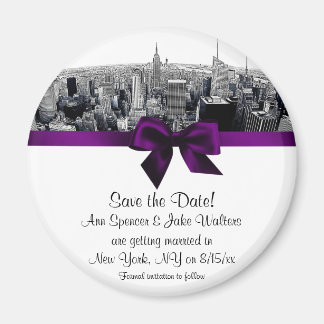 NYC Etched Fisheye Skyline BW Purp Save the Date R Magnet