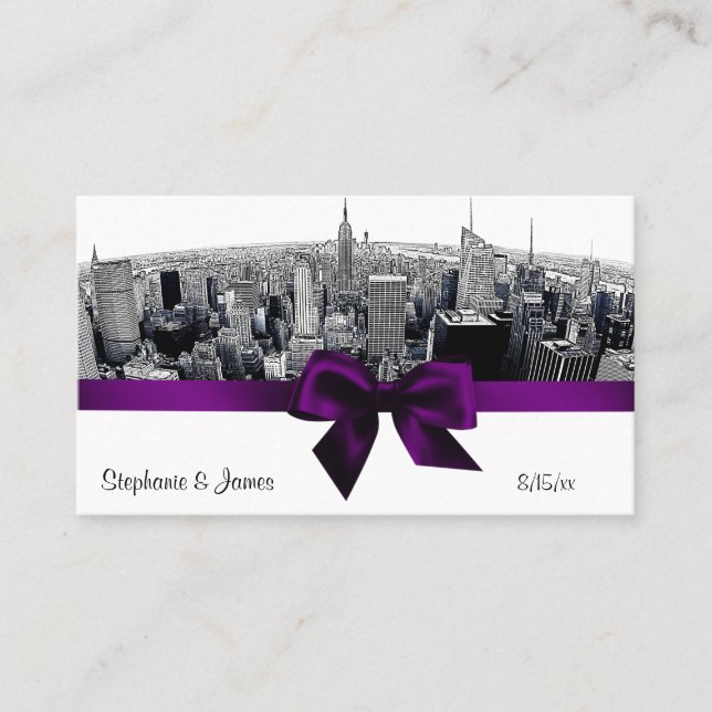 NYC Etched Fisheye Skyline BW Purpl Place Cards #2 (Front)