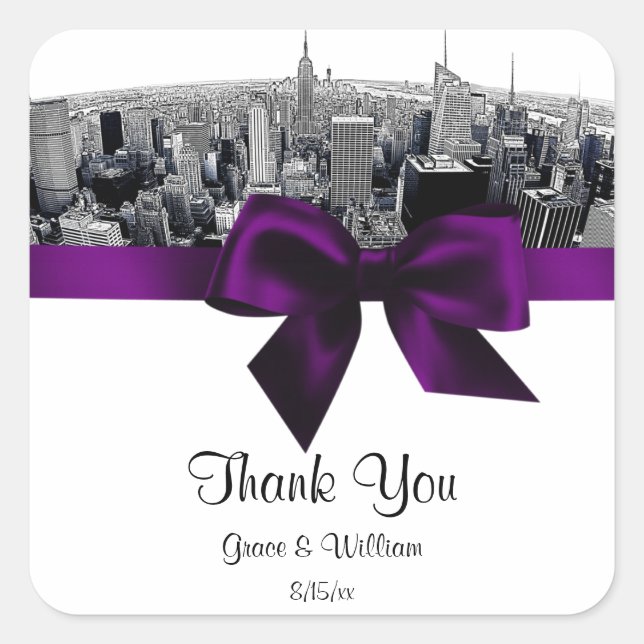 NYC Etched Fisheye Skyline BW Purple Favour Tag (Front)