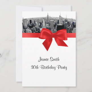 NYC Etched Fisheye Skyline BW Red Birthday Invitation