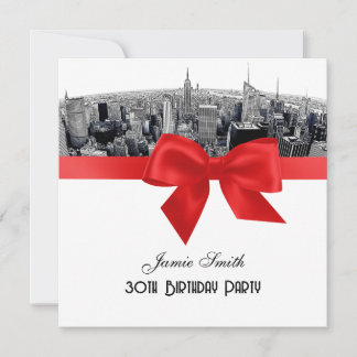NYC Etched Fisheye Skyline BW Red Birthday SQ Invitation