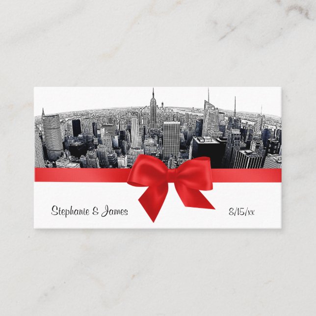 NYC Etched Fisheye Skyline BW Red Escort Cards (Front)