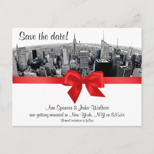 NYC Etched Fisheye Skyline BW Red Save the Date Announcement Postcard