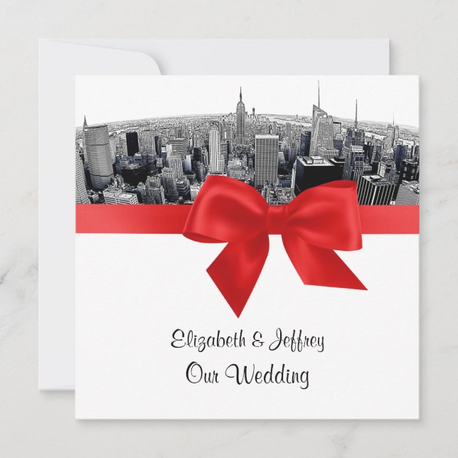 NYC Etched Fisheye Skyline BW Red Wedding SQ Invitation (Front)
