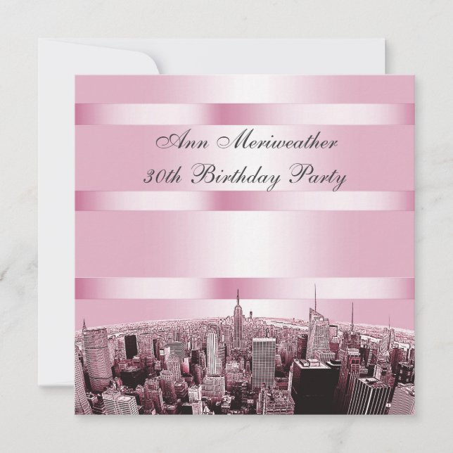 NYC Etched Skyline 2 Pink Black Birthday Invitation (Front)
