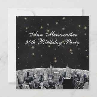 NYC Etched Skyline Black Gold Stars Birthday Invitation