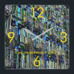 NYC Fire Escapes Pop Art Modern Round or Square Square Wall Clock<br><div class="desc">Unique, FUN personalised wall clock decorated with our original modern, abstract pop art photograph of Fire Escapes in New York City's Lower East Side of Manhattan. It's contemporary, multi-colour, vibrant pop art design captures the spirit of NYC today. New Yorkers will love it!!! Name and numbers are bright yellow. You...</div>