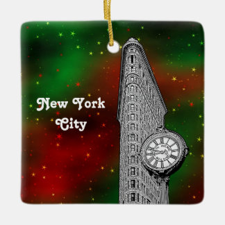 NYC Flatiron Building Red Grn Starry Xmas Ceramic Tree Decoration