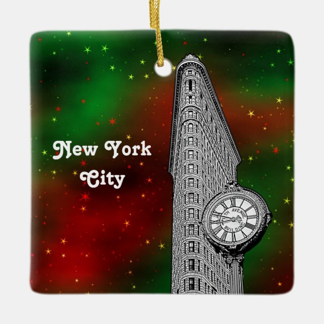NYC Flatiron Building Red Grn Starry Xmas Ceramic Tree Decoration (Front)