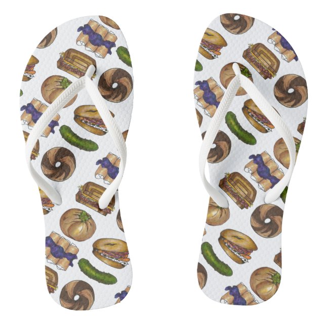 NYC Jewish Deli Foods Bagel Blintz Knish Pickle Jandals (Footbed)